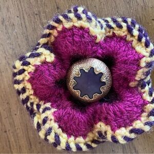 Handcrafted Purple and Gold Knit Flower Brooch